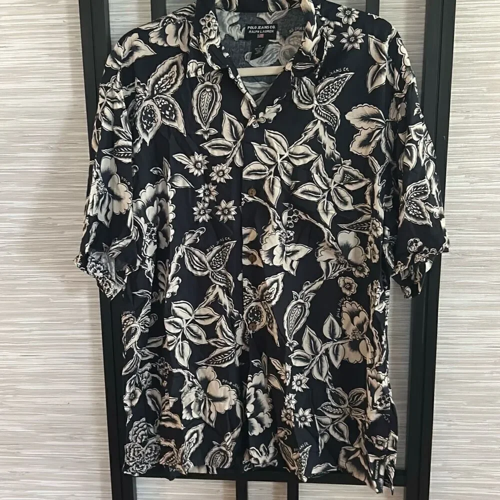 Polo Ralph Lauren navy blue Hawaiian style short sleeve button-down shirt rayon